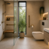 Accessible bathroom renovation with walk in shower, grab bars, non-slip floor and wall hung inbouw toilet