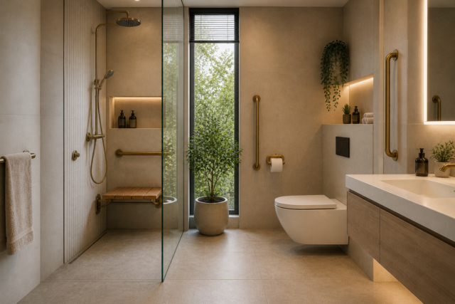 Accessible bathroom renovation with walk in shower, grab bars, non-slip floor and wall hung inbouw toilet