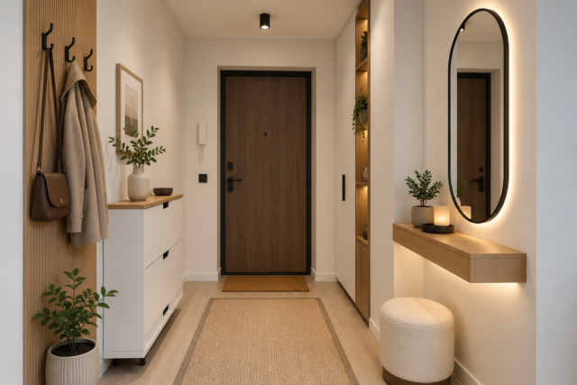 Small entryway ideas with slim storage, wall hooks, mirror and warm lighting by Diyara