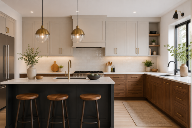 Two-tone kitchen cabinets with light upper cabinets and warm wood lower cabinets by Diyara