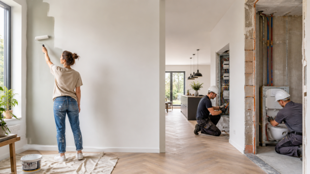 Homeowner painting a wall while professionals handle electrical and plumbing renovation work