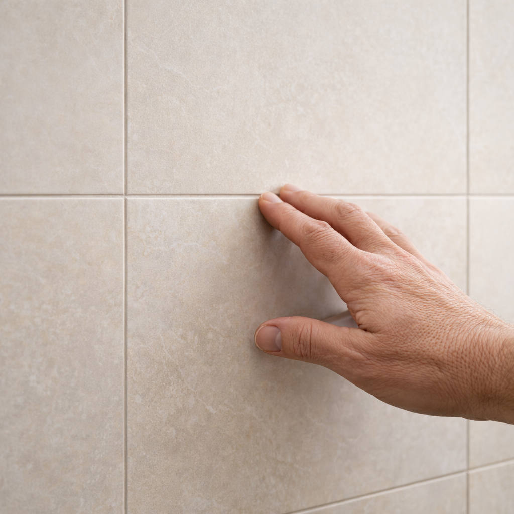 Hand checking alignment of large modern beige tiles during installation