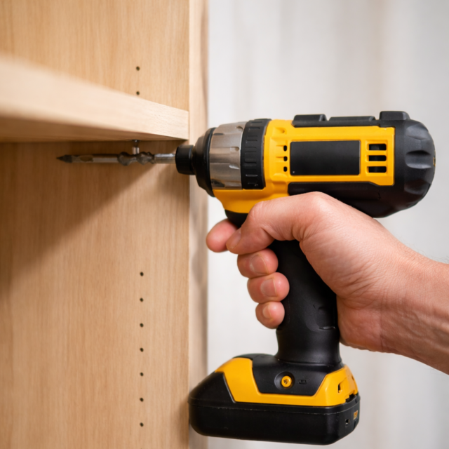 Worker using a drill to install wooden cabinet with precision