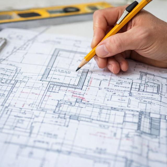 Hand holding a pencil over renovation blueprints, planning a project layout