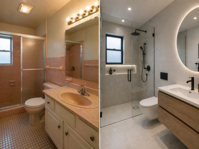 Bathroom renovation before and after with glass shower and modern design