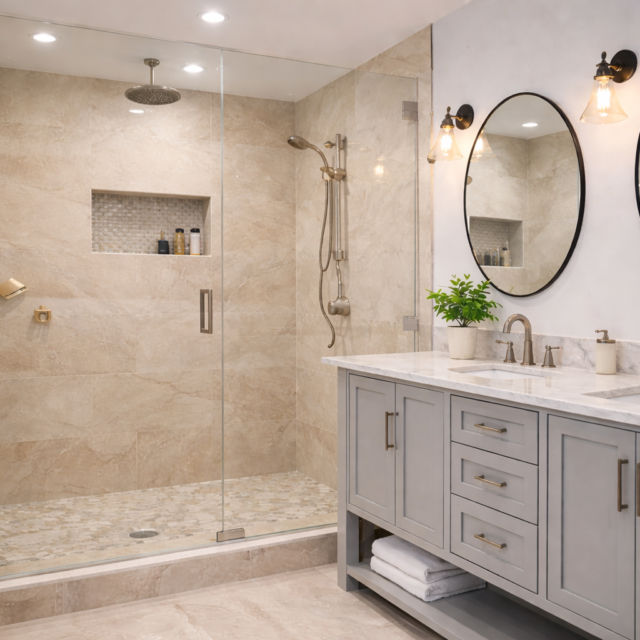 Luxury bathroom with large beige tiles, walk-in glass shower and modern double vanity