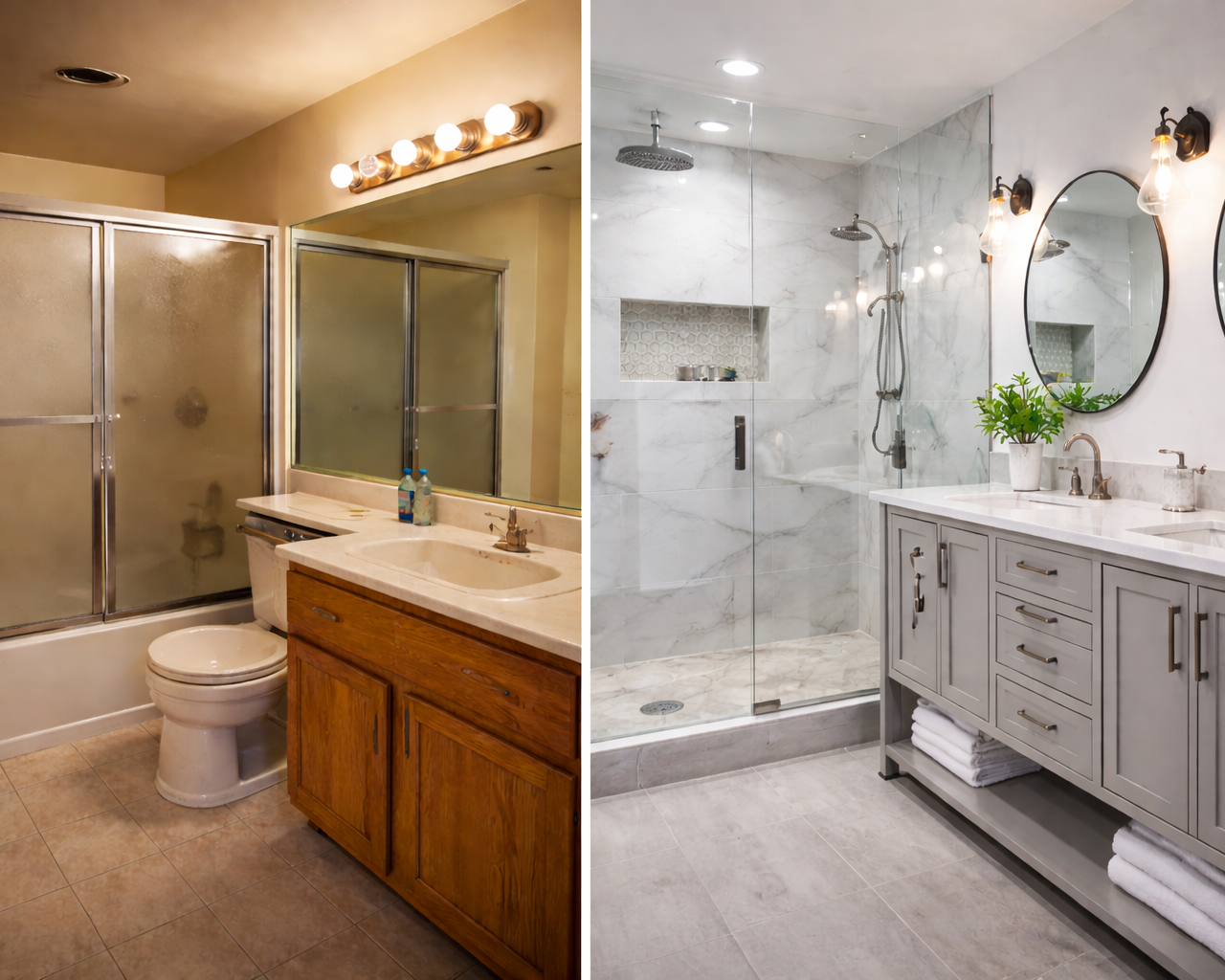 Modern bathroom renovation with walk-in glass shower, large tiles, and double vanity