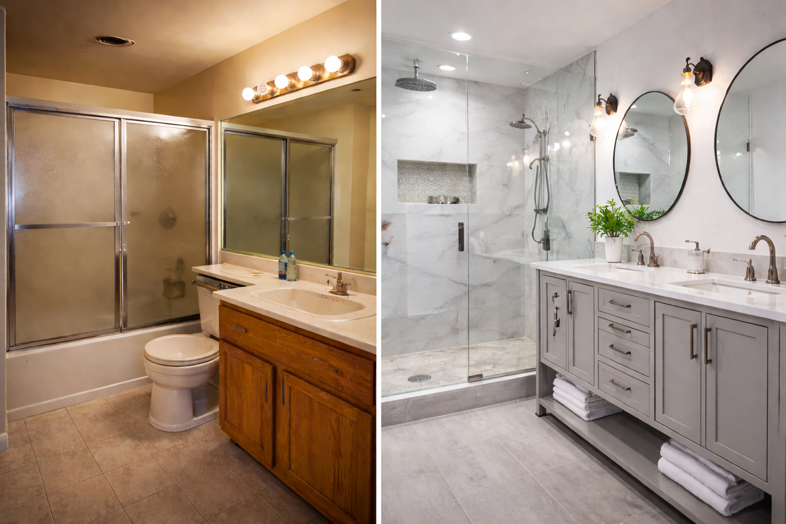 Modern bathroom renovation with walk-in glass shower, large tiles, and double vanity