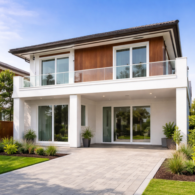 Modern renovated house exterior with clean facade, large windows, and landscaped yard