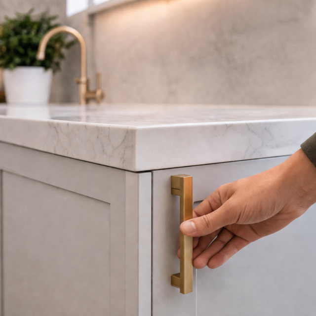 Close-up of modern cabinet handle and clean interior finishing details