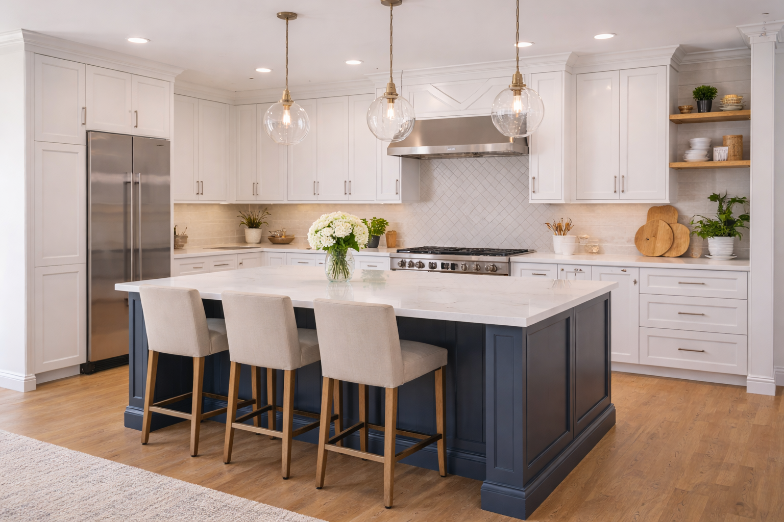 Modern kitchen with white cabinets, navy island, and quartz countertop