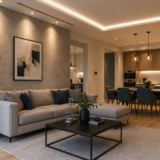 Modern renovated living room and kitchen with warm lighting and minimalist design