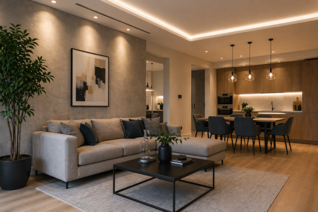 Modern renovated living room and kitchen with warm lighting and minimalist design