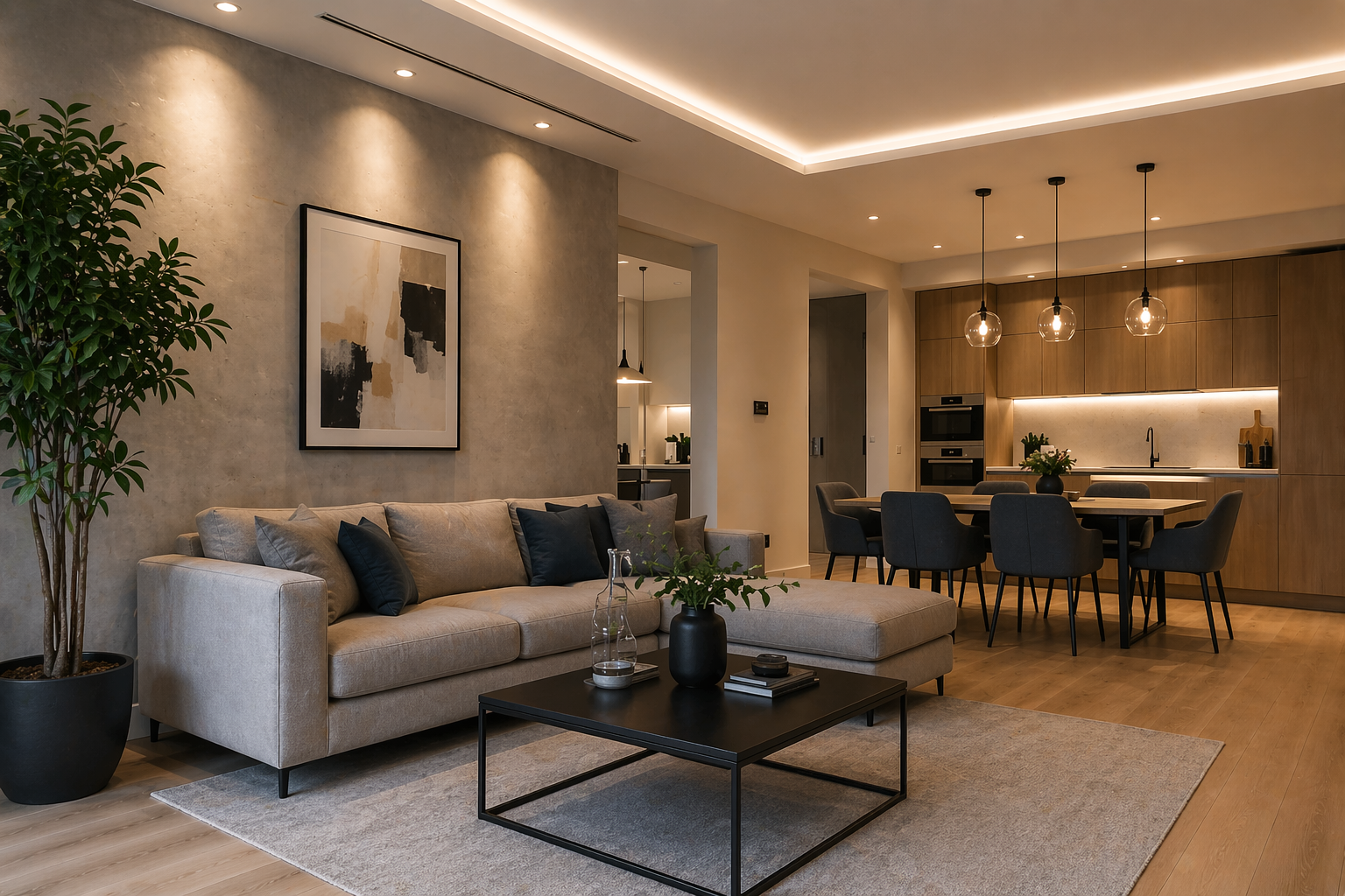 Modern renovated living room and kitchen with warm lighting and minimalist design