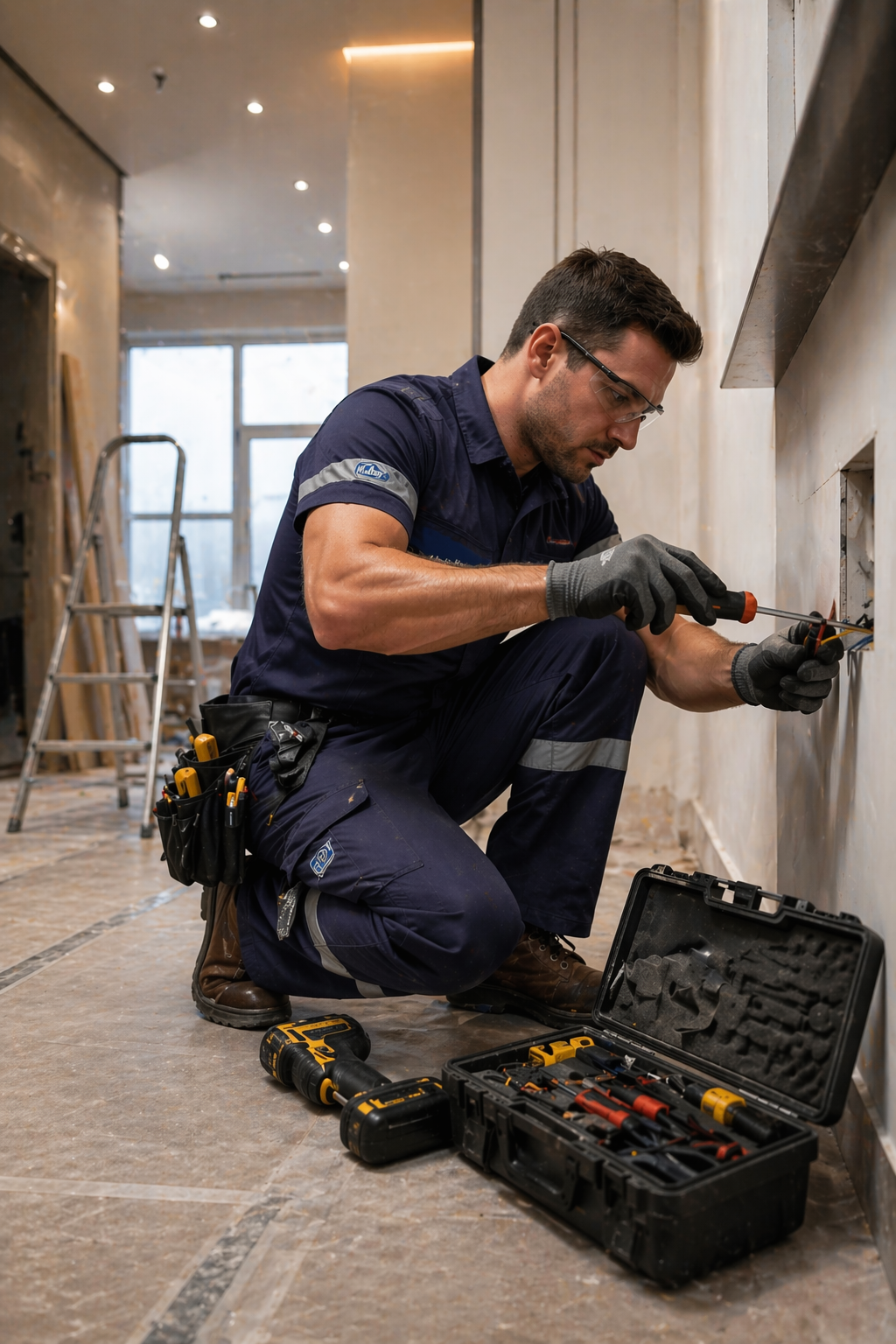 Professional renovation worker installing electrical wiring in a modern interior