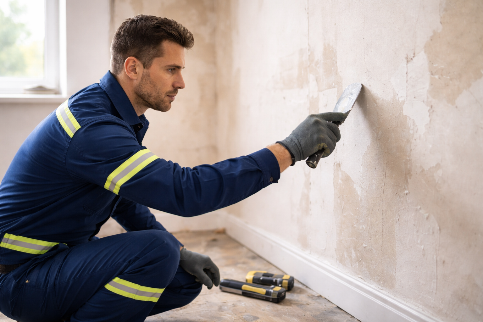 Professional renovation worker smoothing a wall in a partially renovated room