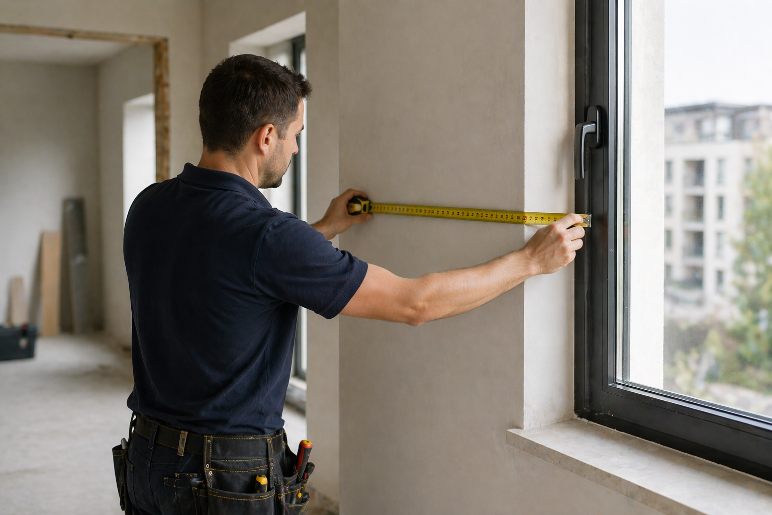 Renovation worker measuring distance between wall and window frame with tape measure