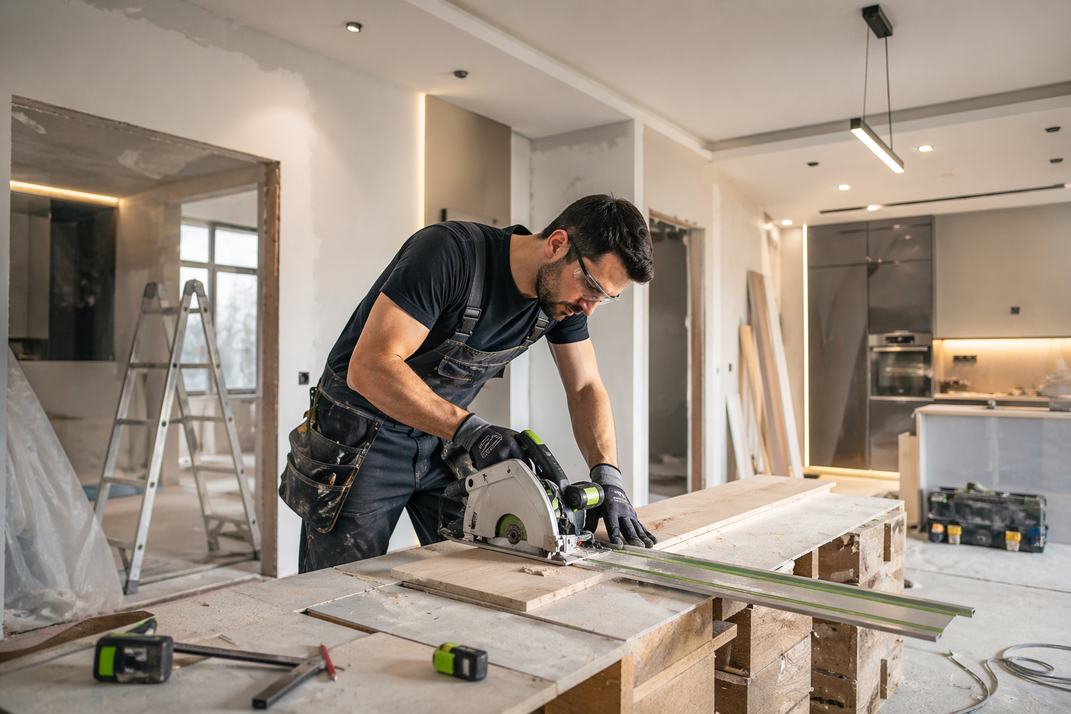 Professional worker cutting wood in a modern home renovation project