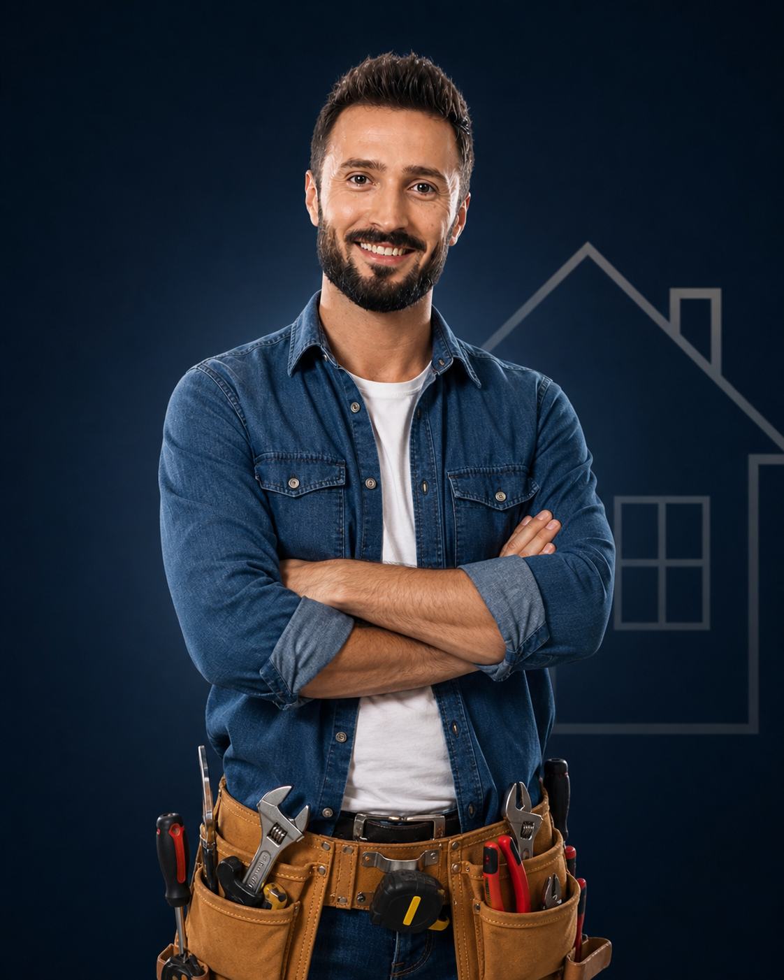 Experienced home renovation expert with tool belt ready for construction work